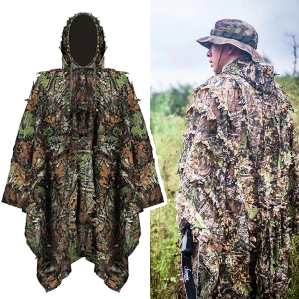 3D Leaves Camouflage Tactical Gear Woodland Poncho Cloak Ghillie Suits Outdoor Clothing for Hunting Shooting Wildlife Bird Watch