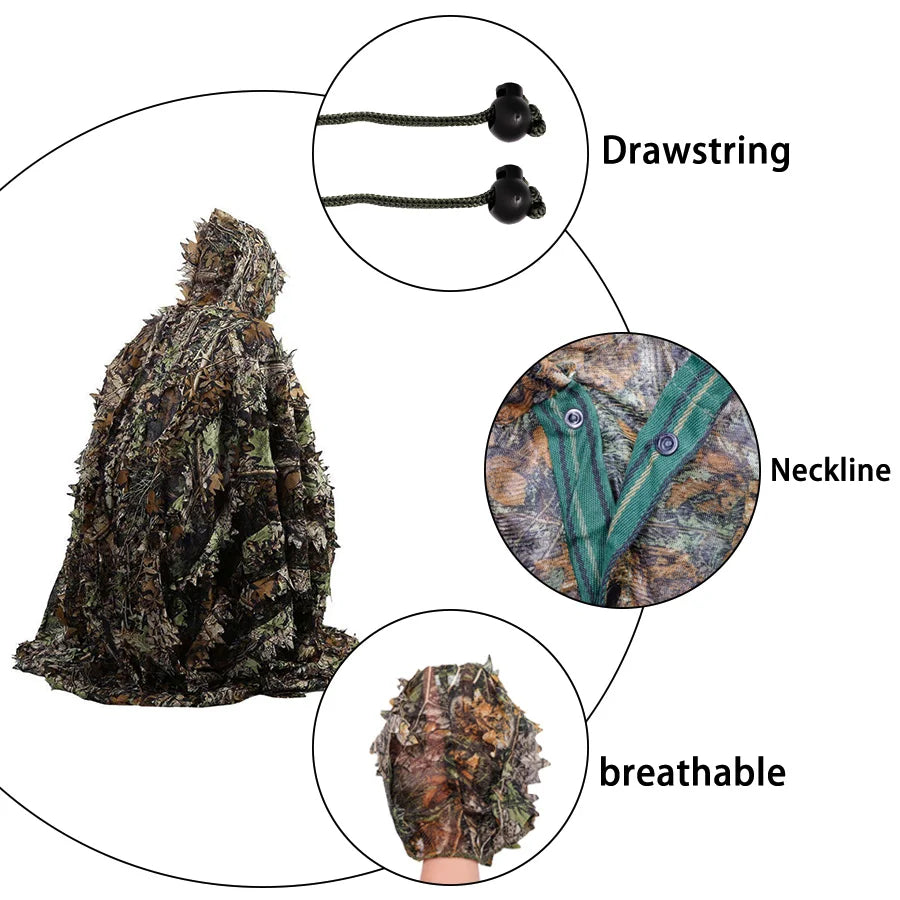 3D Leaves Camouflage Tactical Gear Woodland Poncho Cloak Ghillie Suits Outdoor Clothing for Hunting Shooting Wildlife Bird Watch