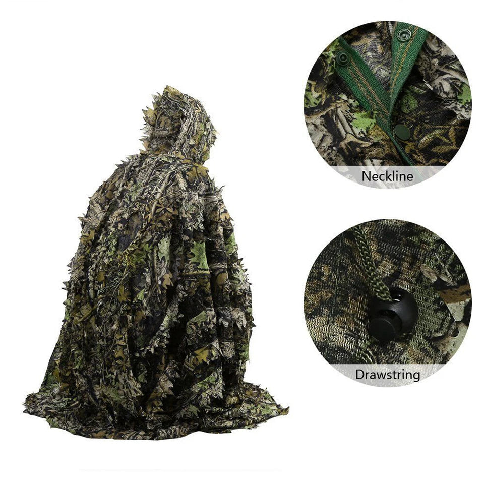 3D Leaves Camouflage Tactical Gear Woodland Poncho Cloak Ghillie Suits Outdoor Clothing for Hunting Shooting Wildlife Bird Watch