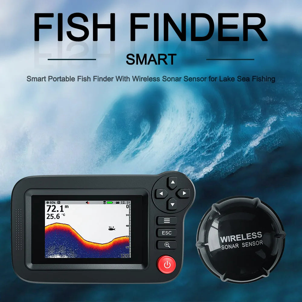 FindFish 200M Portable Fish Finder Transducer Sonar Sensor Water Depth Finder LCD Screen Echo Sounder Fishfinder with Fish
