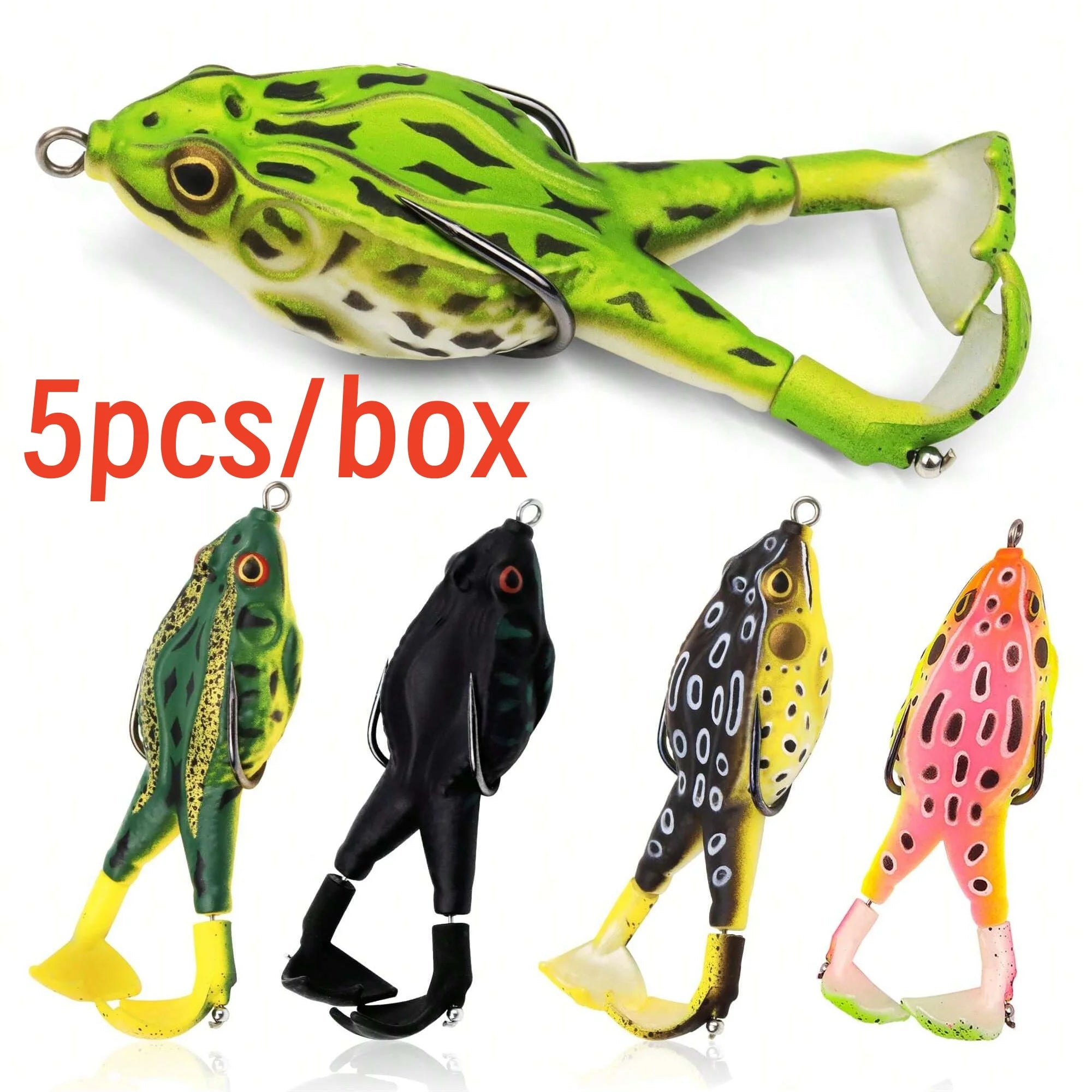 5pcs/box Frog Lure Bass Trout Fishing Lures Kit Set Realistic Prop Frog Soft Swimbait Floating Bait with Weedless Hooks for Fres
