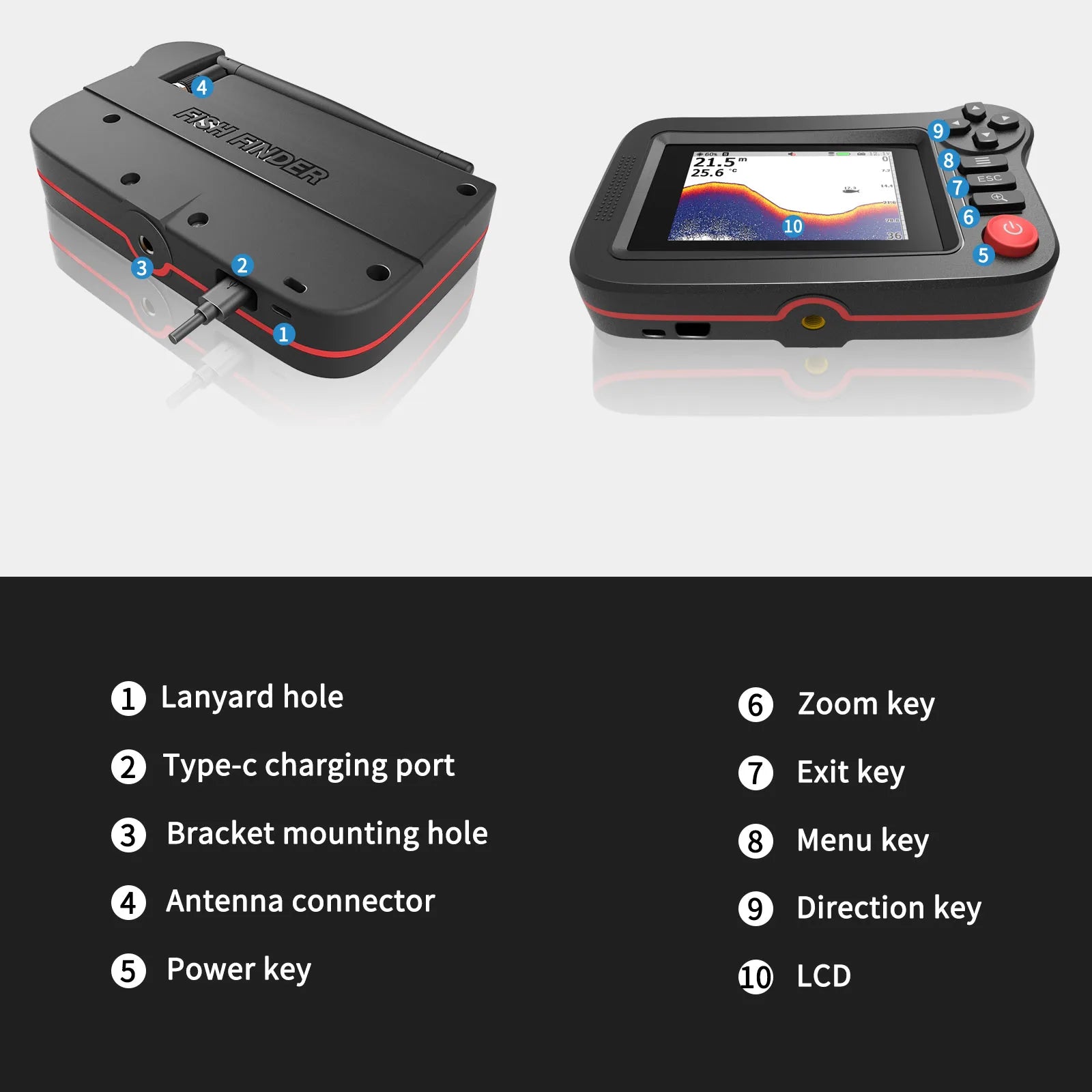 FindFish 200M Portable Fish Finder Transducer Sonar Sensor Water Depth Finder LCD Screen Echo Sounder Fishfinder with Fish