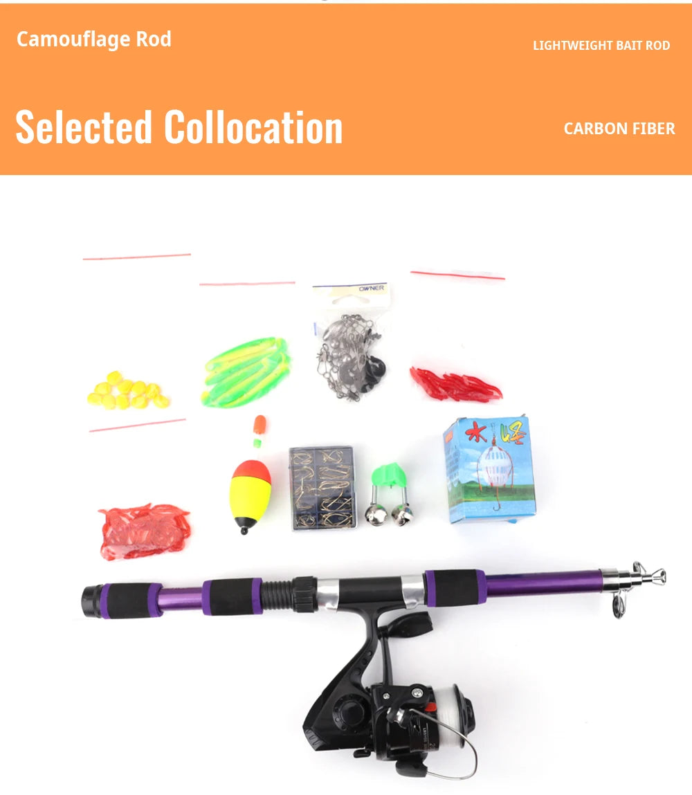 FTK 1.8M Portable Spinning Fishing Rod Reel Full Kits Carbon Fiber Carp Rod Wheel Travel Set Accessory